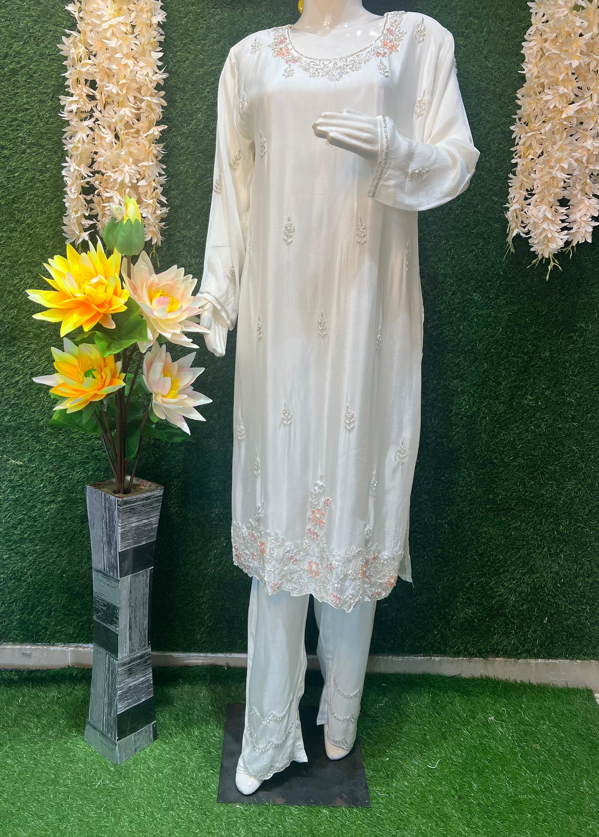 Crepe Suit Set with Cutdana & Pearl Handwork and Chiffon Dupatta