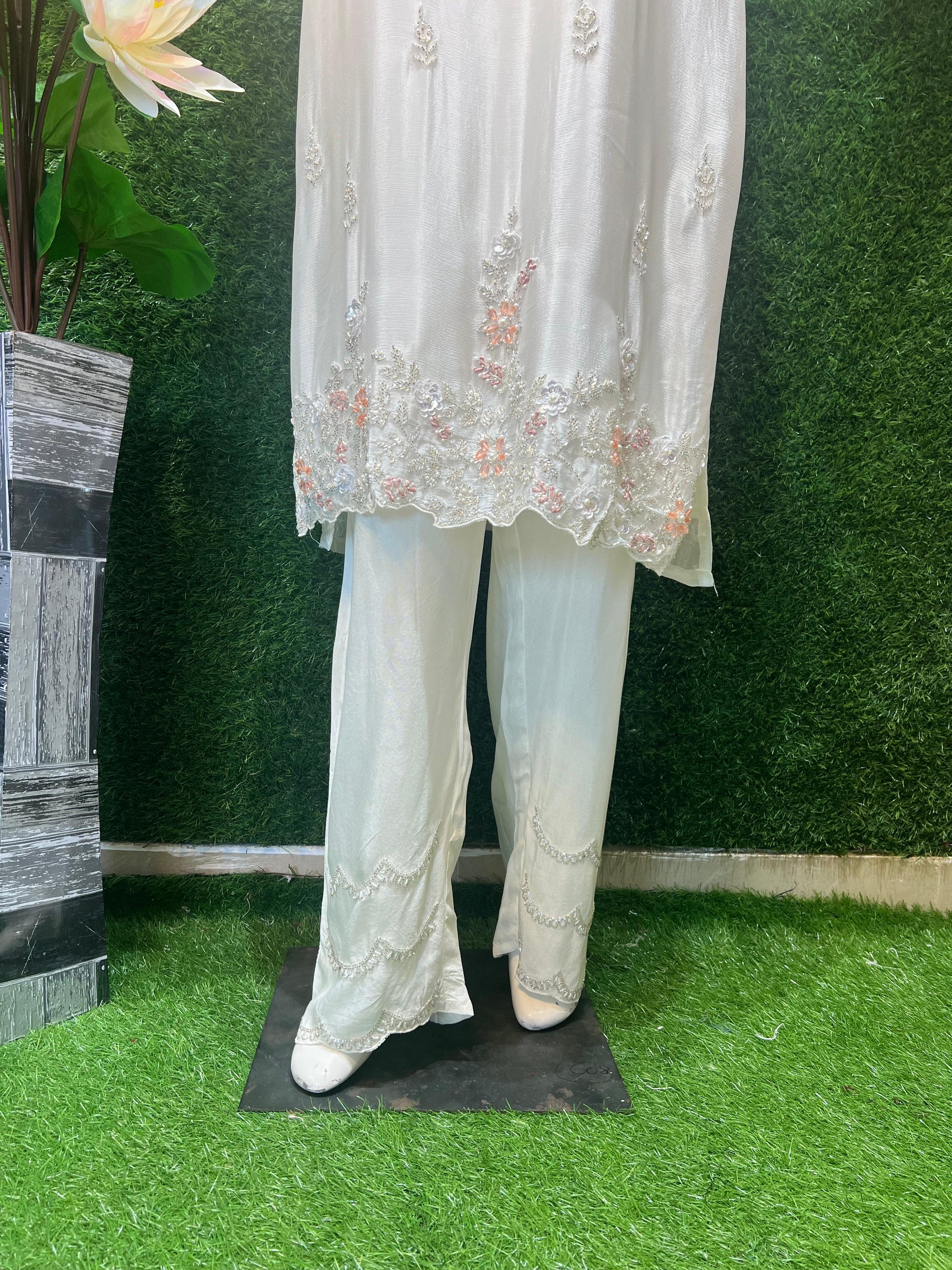 Crepe Suit Set with Cutdana & Pearl Handwork and Chiffon Dupatta