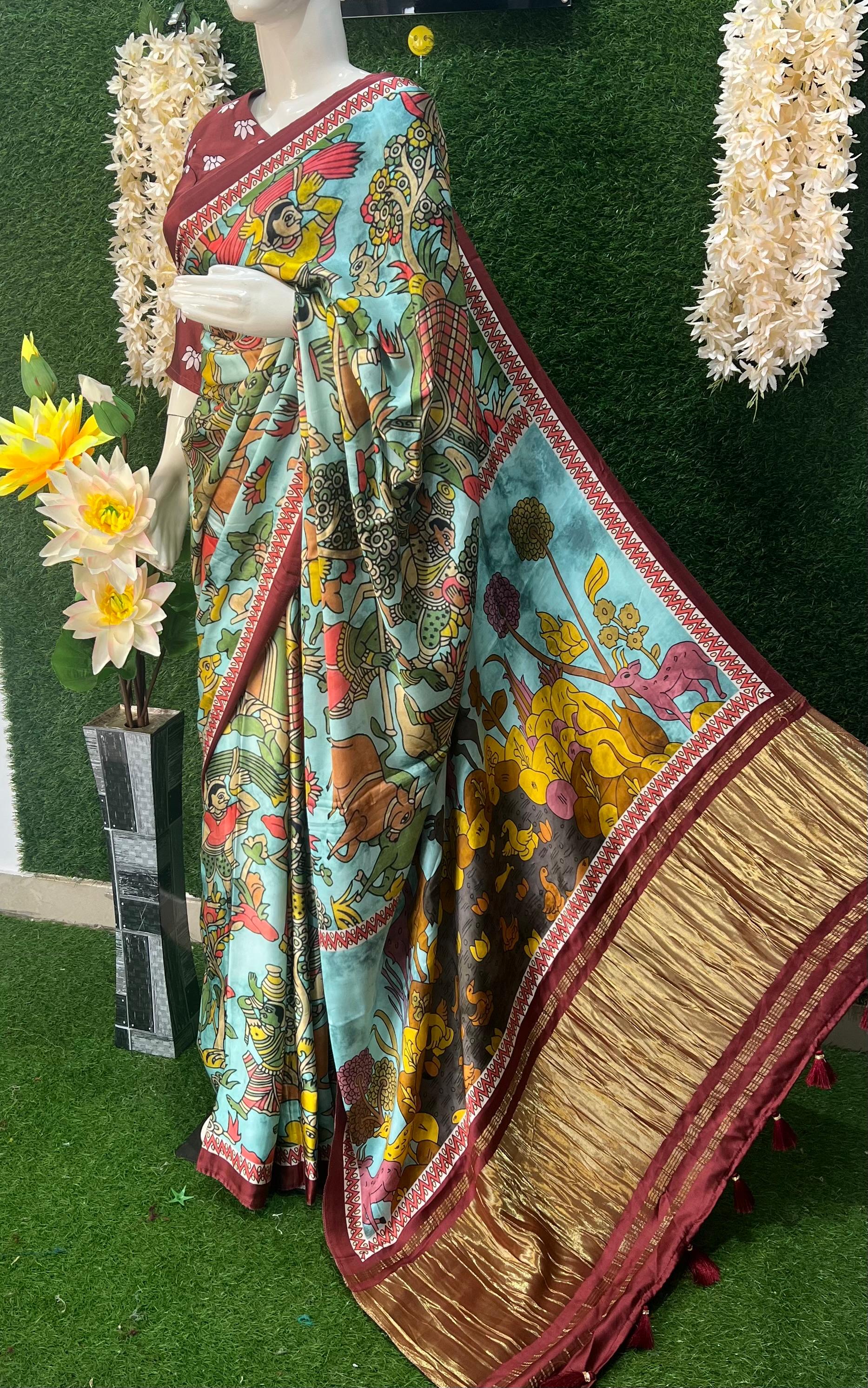 Gaji Silk Kalamkari Saree with Rajwadi Pallu