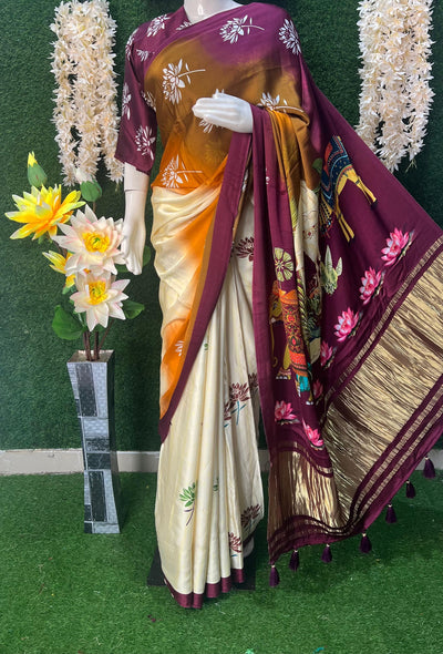 Gaji Silk Kalamkari Saree with Rajwadi Pallu