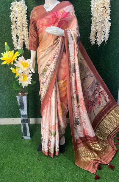 Gaji Silk Kalamkari Saree with Rajwadi Pallu