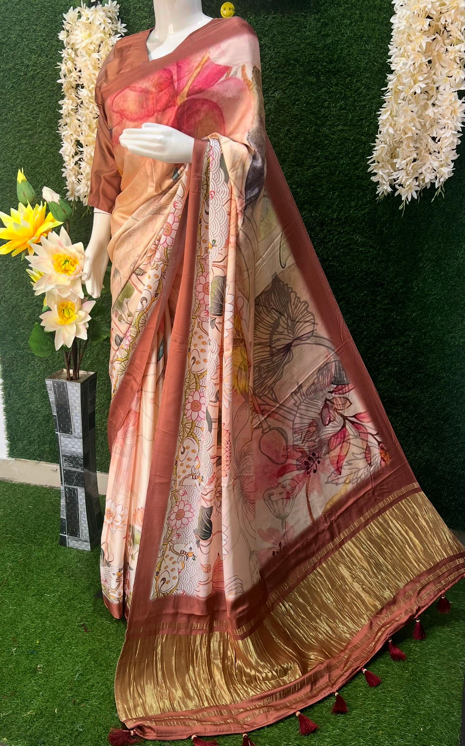 Gaji Silk Kalamkari Saree with Rajwadi Pallu