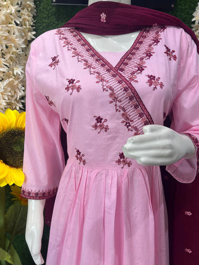 Elegant Pink Cotton Embroidered Suit Set with Maroon Dupatta