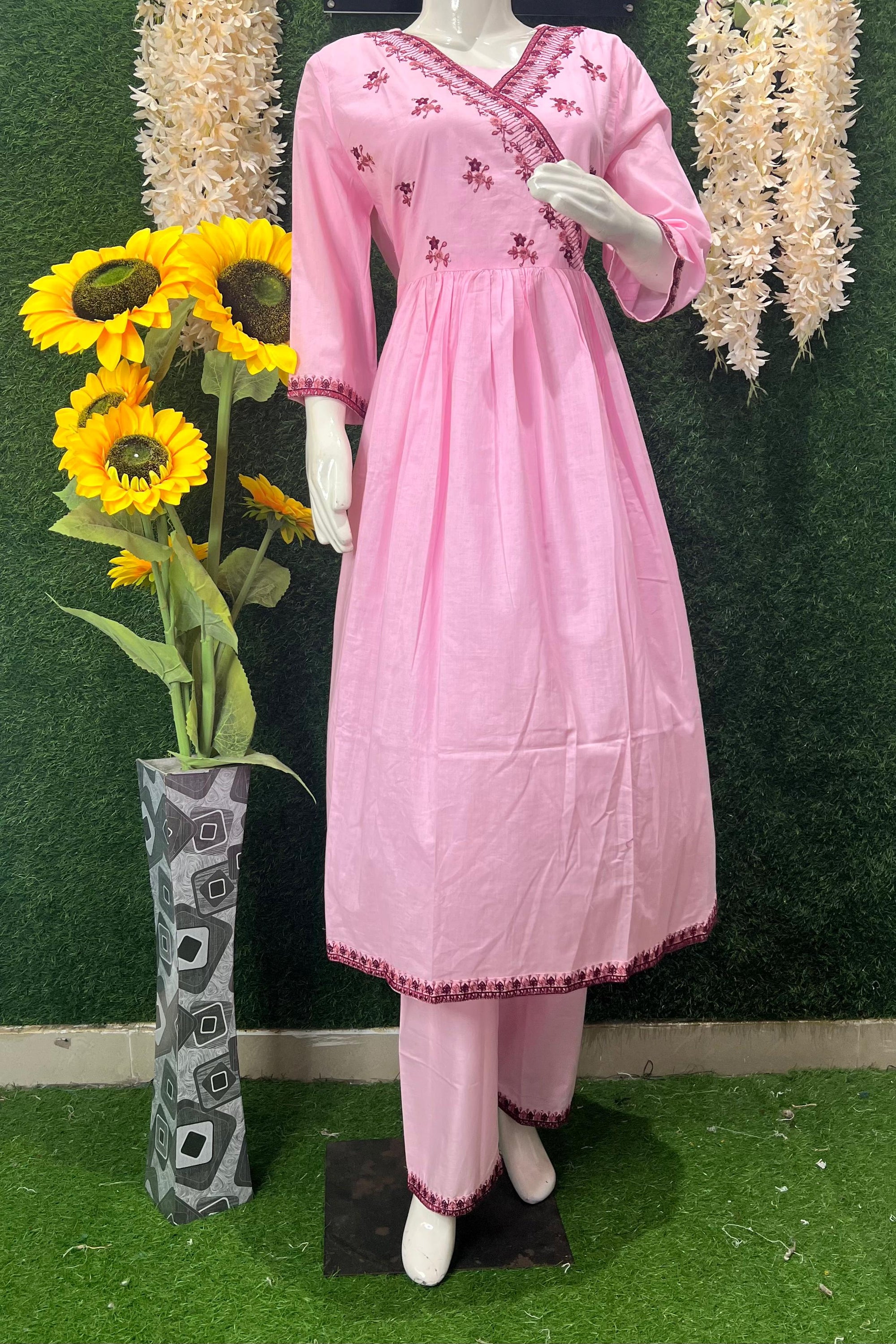 Elegant Pink Cotton Embroidered Suit Set with Maroon Dupatta