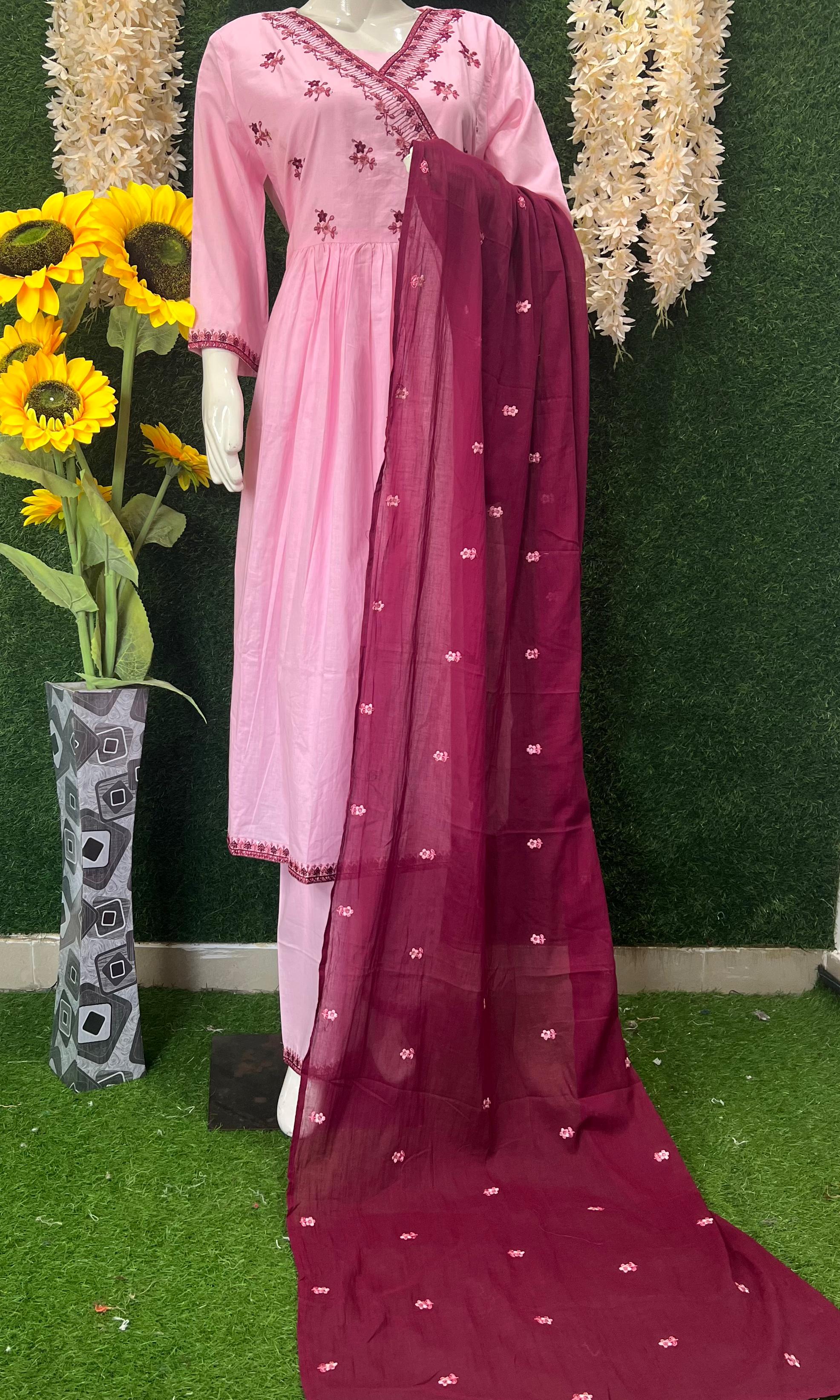 Elegant Pink Cotton Embroidered Suit Set with Maroon Dupatta