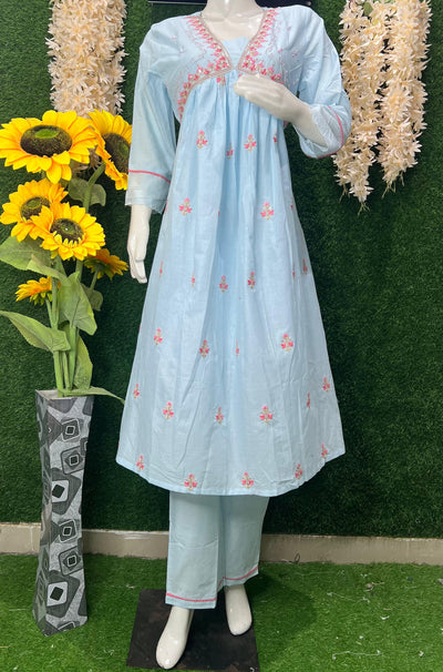 Pastel Blue Cotton Embroidered Straight Kurta Set with Dupatta