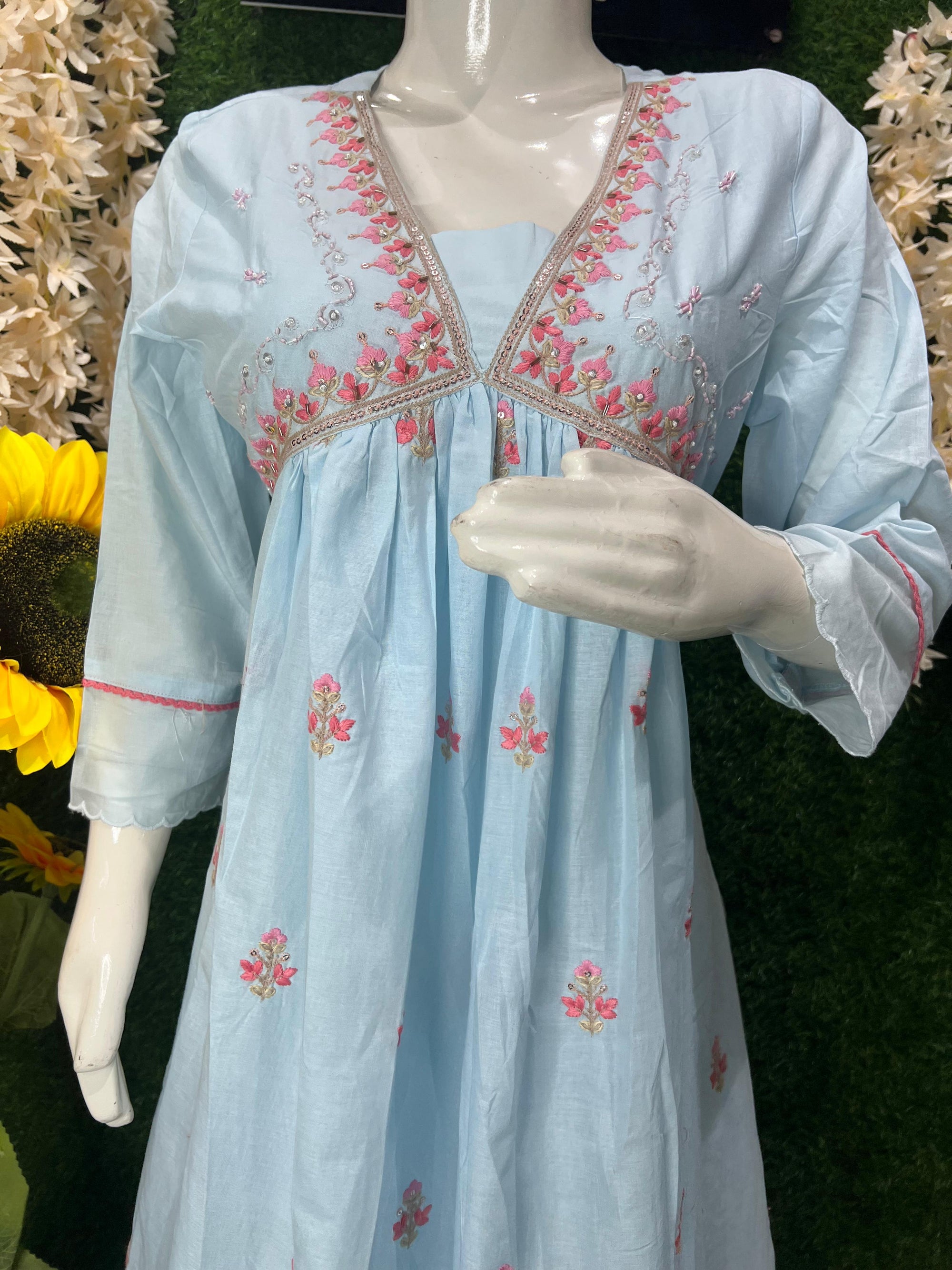 Pastel Blue Cotton Embroidered Straight Kurta Set with Dupatta