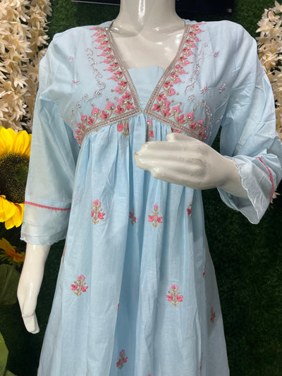Pastel Blue Cotton Embroidered Straight Kurta Set with Dupatta