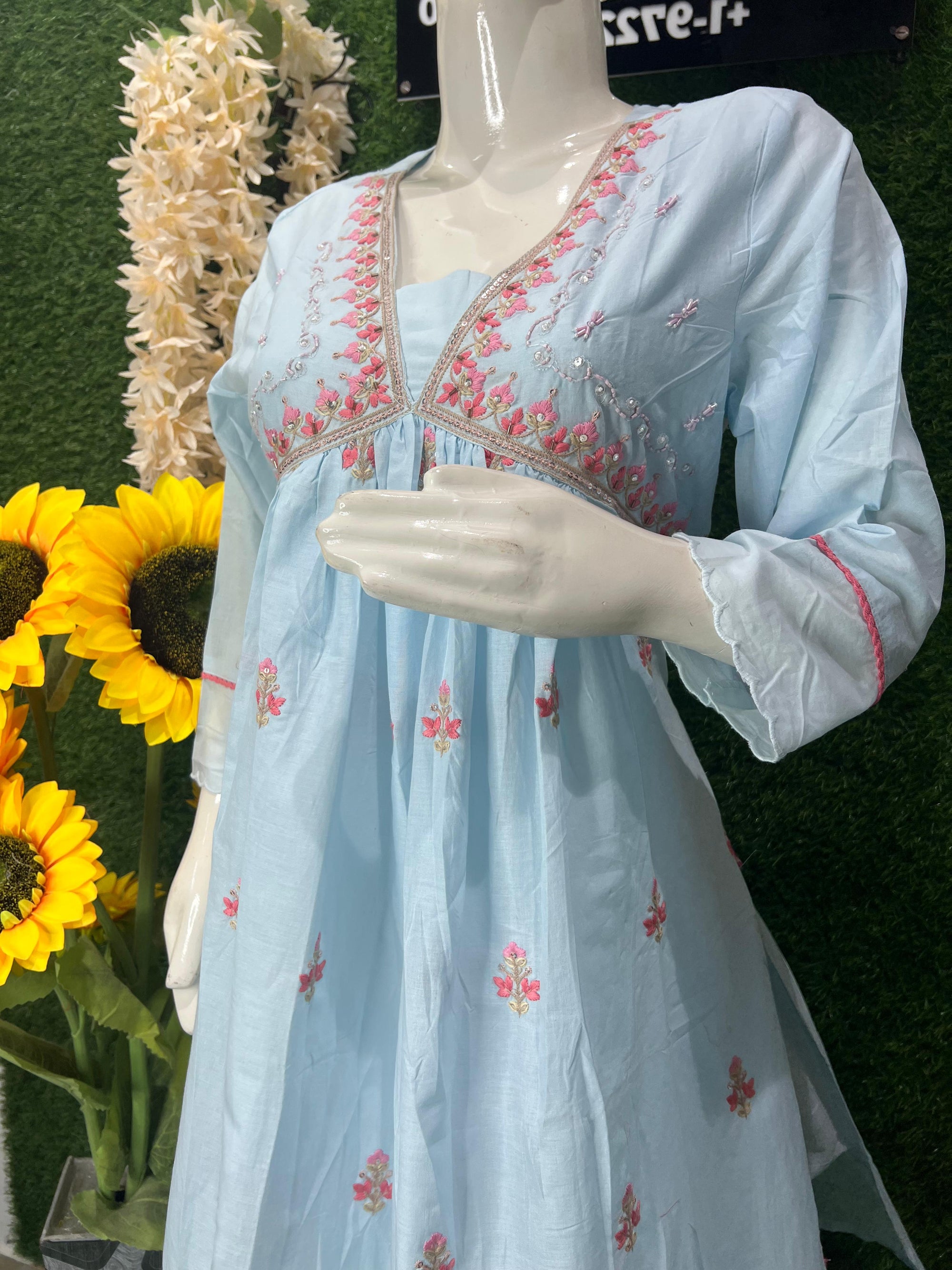 Pastel Blue Cotton Embroidered Straight Kurta Set with Dupatta