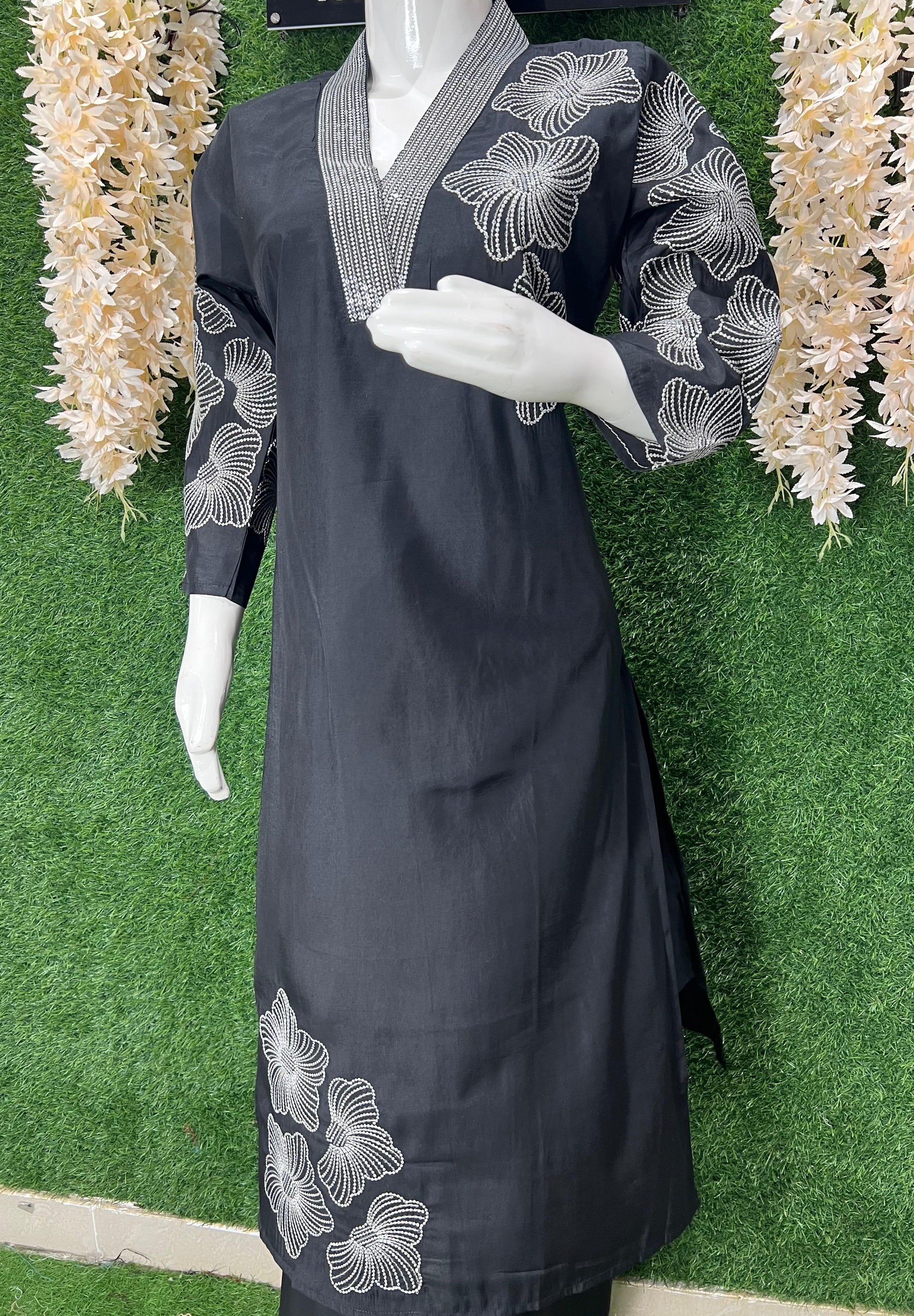 Elegant 🖤Black Silk Straight Kurti Set with Thread & Sequin Detailing | Organza Dupatta