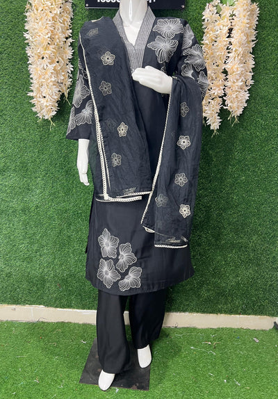 Elegant 🖤Black Silk Straight Kurti Set with Thread & Sequin Detailing | Organza Dupatta
