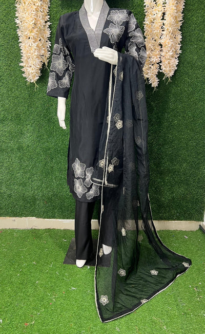 Elegant 🖤Black Silk Straight Kurti Set with Thread & Sequin Detailing | Organza Dupatta