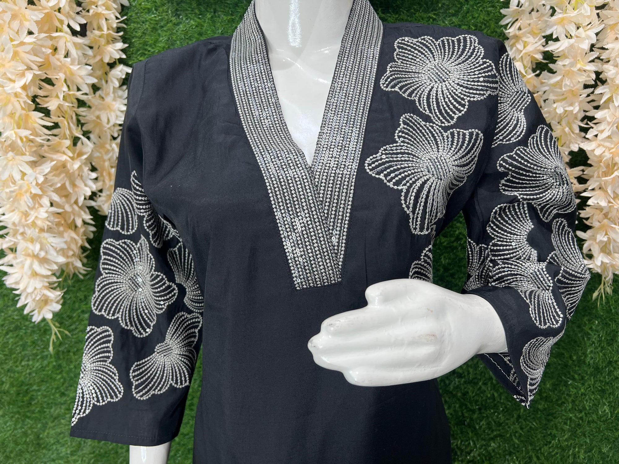 Elegant 🖤Black Silk Straight Kurti Set with Thread & Sequin Detailing | Organza Dupatta