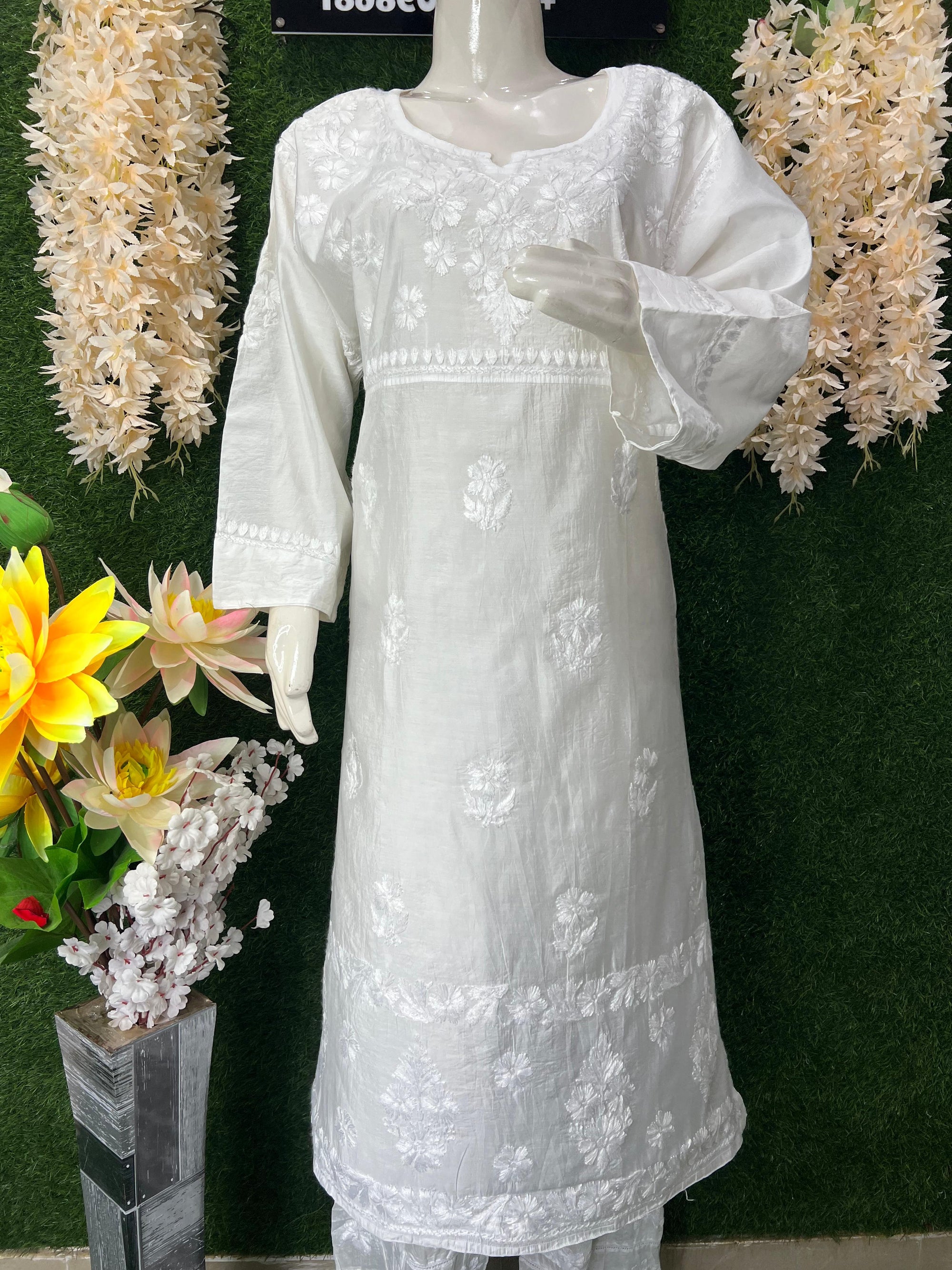 Elegant White Chanderi Silk Lucknowi Chikankari Handwork Kurta Pant Set for Women