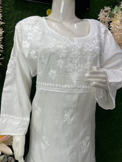 Elegant White Chanderi Silk Lucknowi Chikankari Handwork Kurta Pant Set for Women