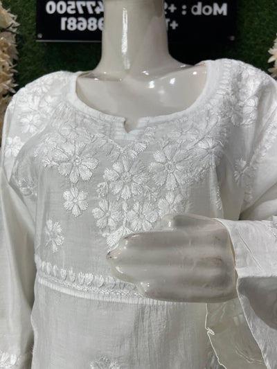 Elegant White Chanderi Silk Lucknowi Chikankari Handwork Kurta Pant Set for Women