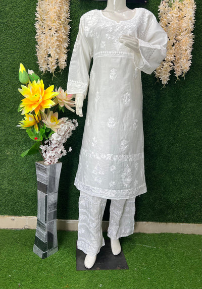 Elegant White Chanderi Silk Lucknowi Chikankari Handwork Kurta Pant Set for Women