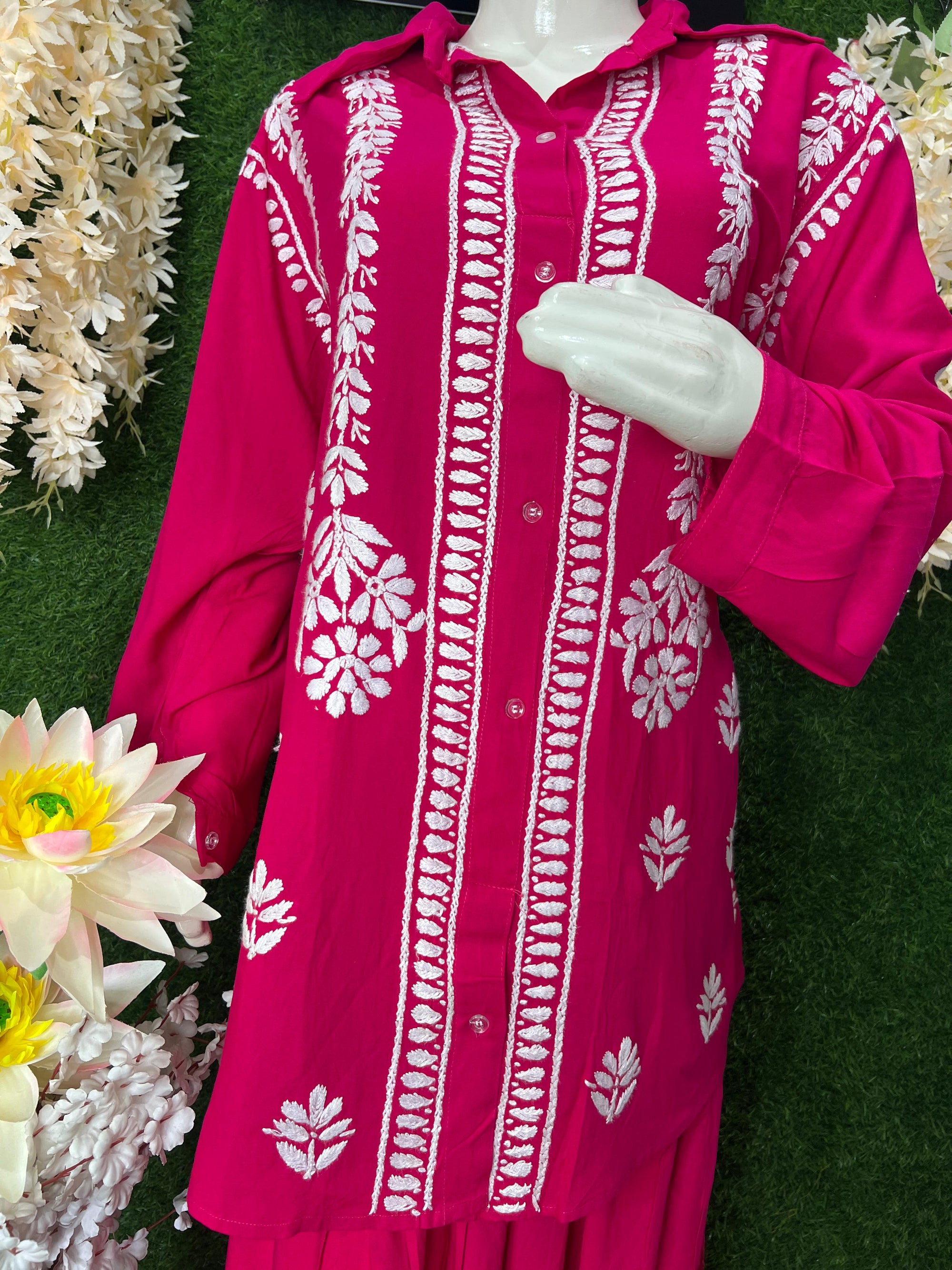 Slub Modal Chikankari Co-ord Set – Shirt Style Kurta with Relaxed Pants