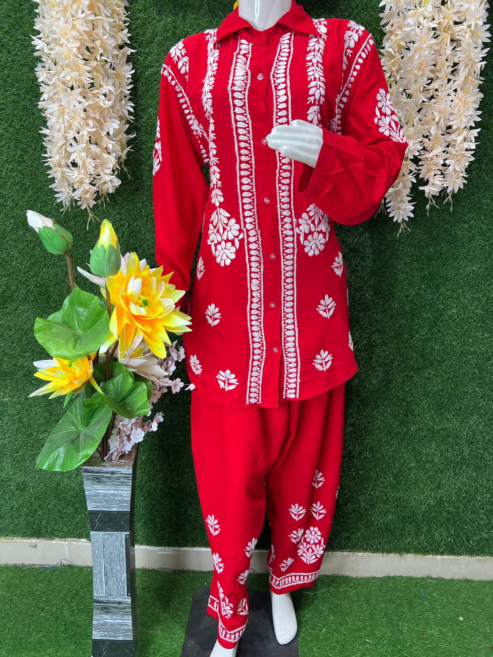 Slub Modal Chikankari Co-ord Set – Shirt Style Kurta with Relaxed Pants