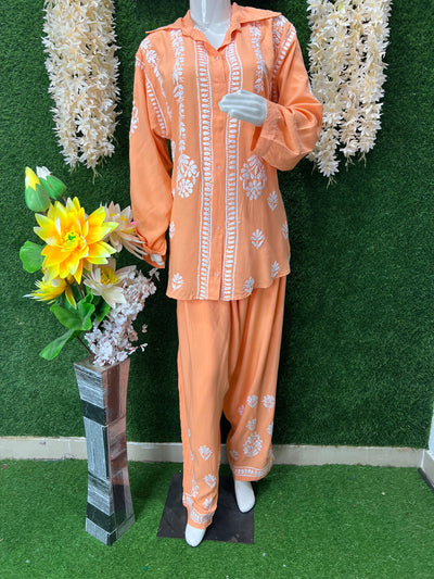 Slub Modal Chikankari Co-ord Set – Shirt Style Kurta with Relaxed Pants