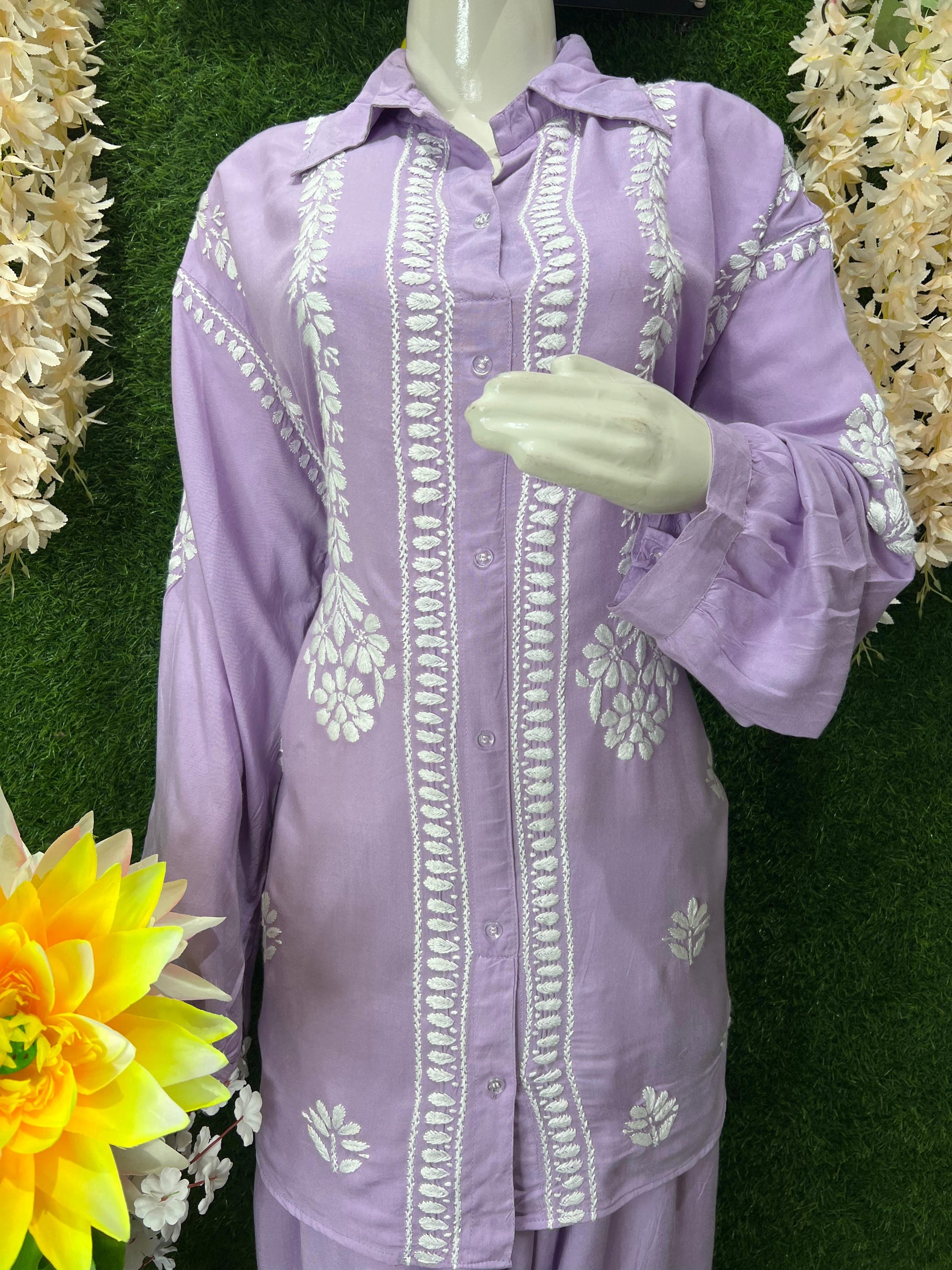 Slub Modal Chikankari Co-ord Set – Shirt Style Kurta with Relaxed Pants