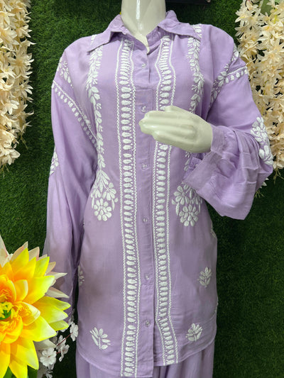 Slub Modal Chikankari Co-ord Set – Shirt Style Kurta with Relaxed Pants