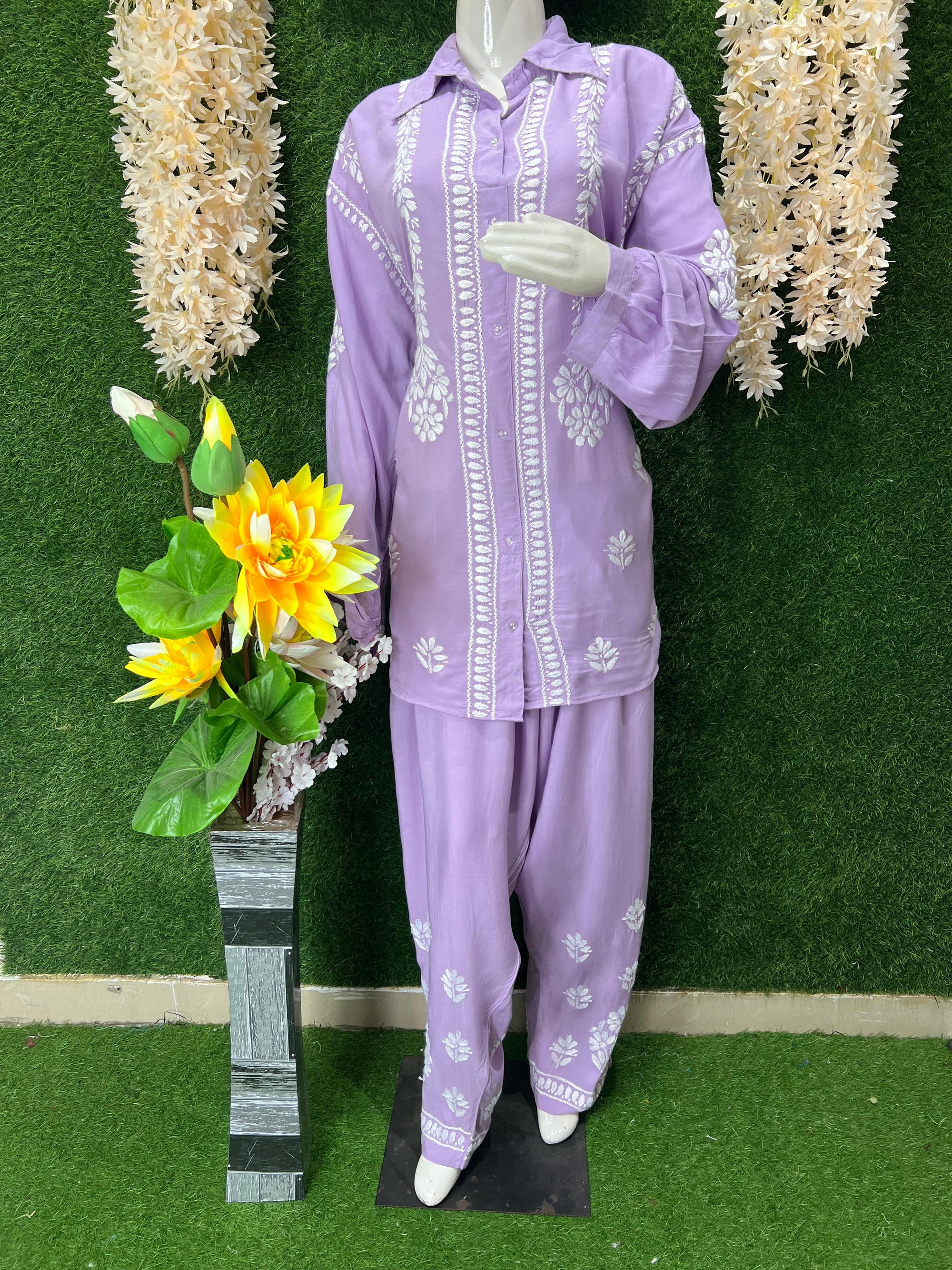 Slub Modal Chikankari Co-ord Set – Shirt Style Kurta with Relaxed Pants