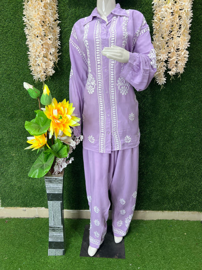 Slub Modal Chikankari Co-ord Set – Shirt Style Kurta with Relaxed Pants