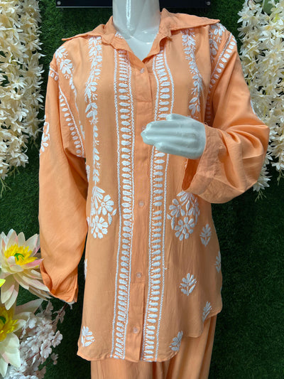 Slub Modal Chikankari Co-ord Set – Shirt Style Kurta with Relaxed Pants