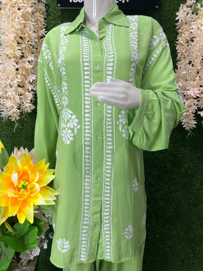 Slub Modal Chikankari Co-ord Set – Shirt Style Kurta with Relaxed Pants