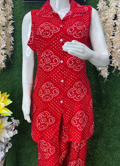 Red Bandhani Printed Sleeveless Co-Ord Set | Casual Summer Coord