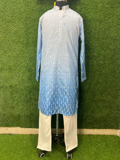Ombré Silk Men’s Kurta Set with Foil & Mirror Work Detailing
