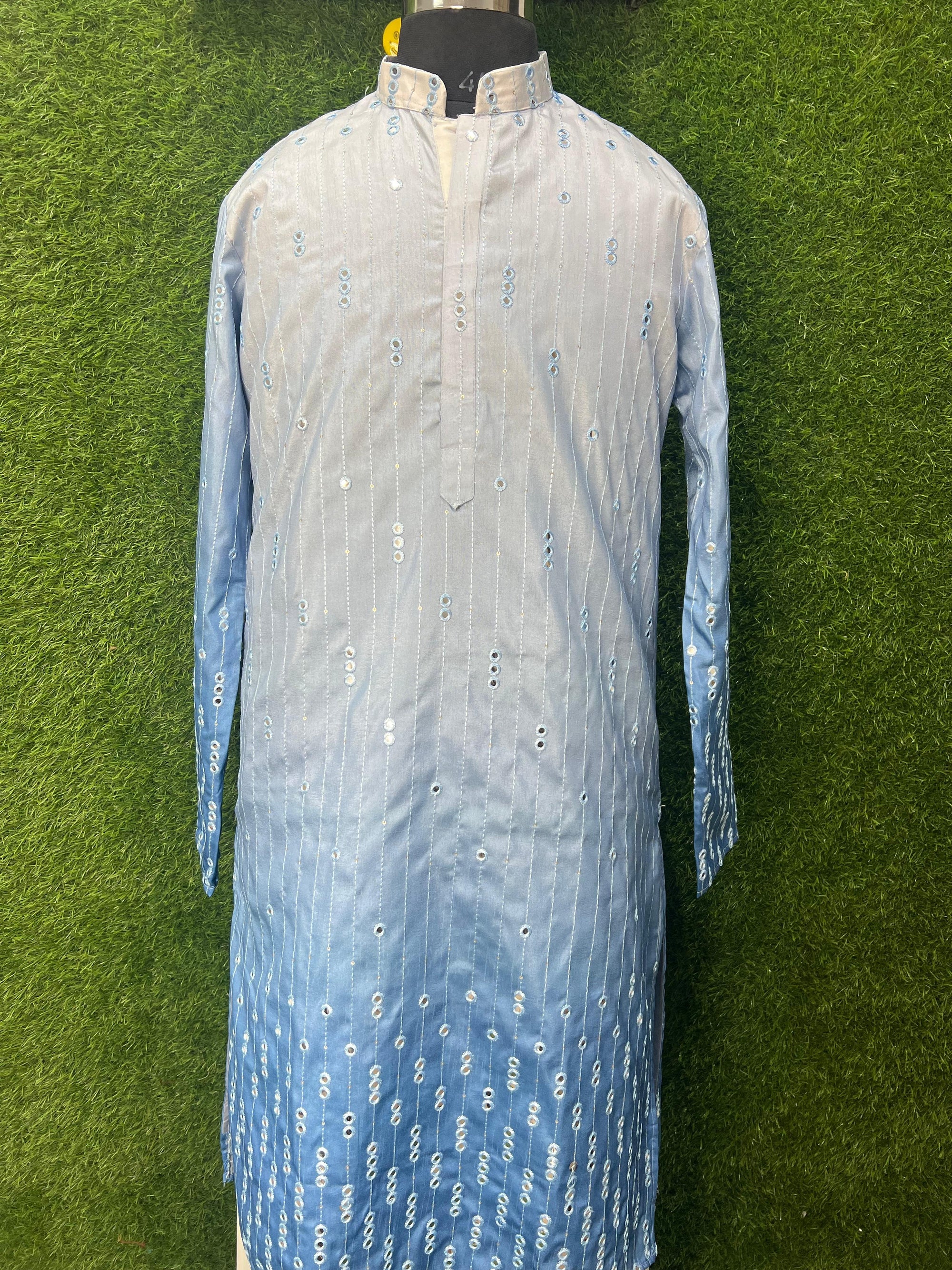 Ombré Silk Men’s Kurta Set with Foil & Mirror Work Detailing