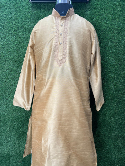 Men’s Silk Kurta with Embroidered Neck & White Pants