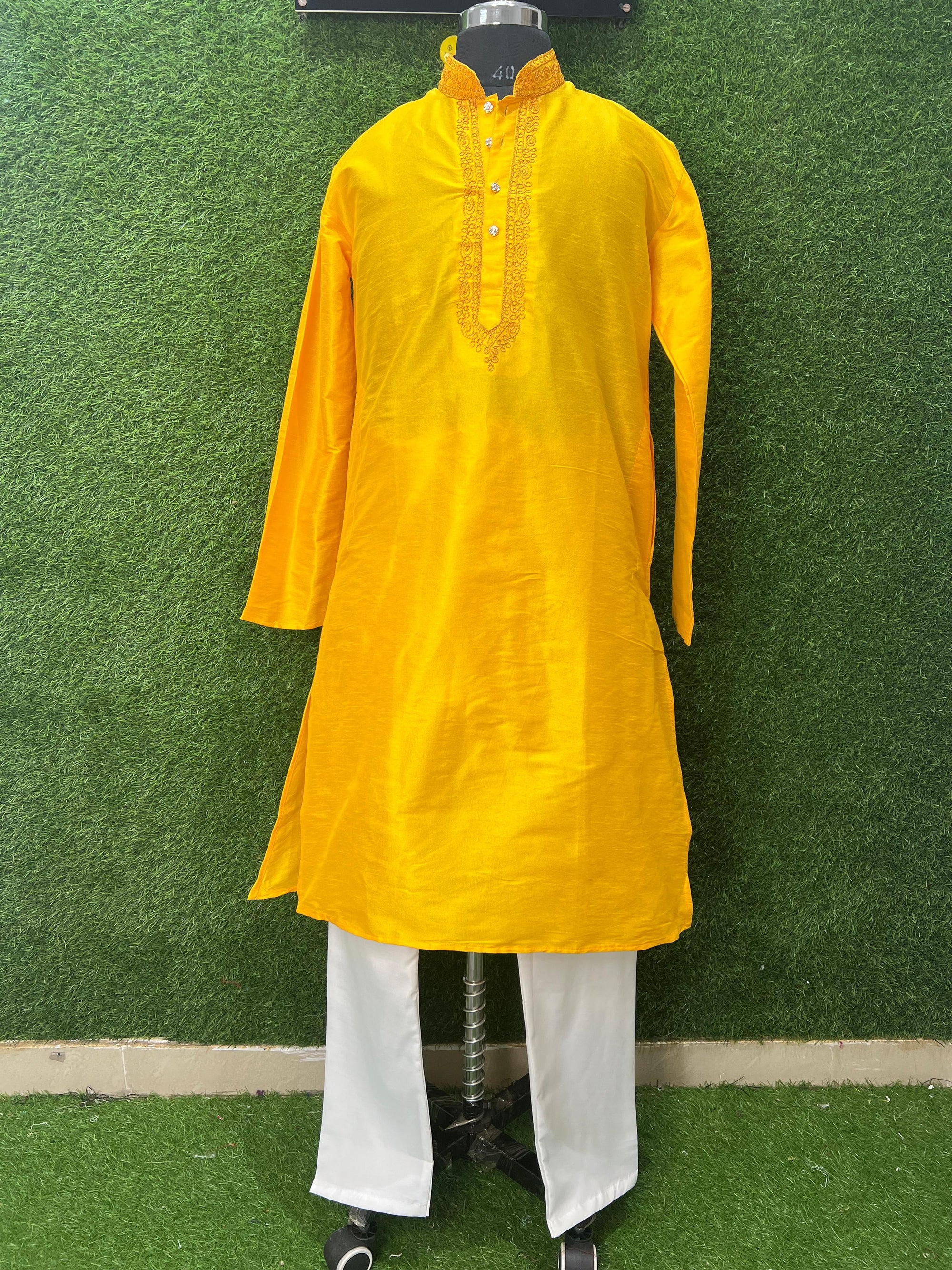 Men’s Silk Kurta with Embroidered Neck & White Pants