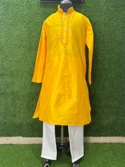 Men’s Silk Kurta with Embroidered Neck & White Pants