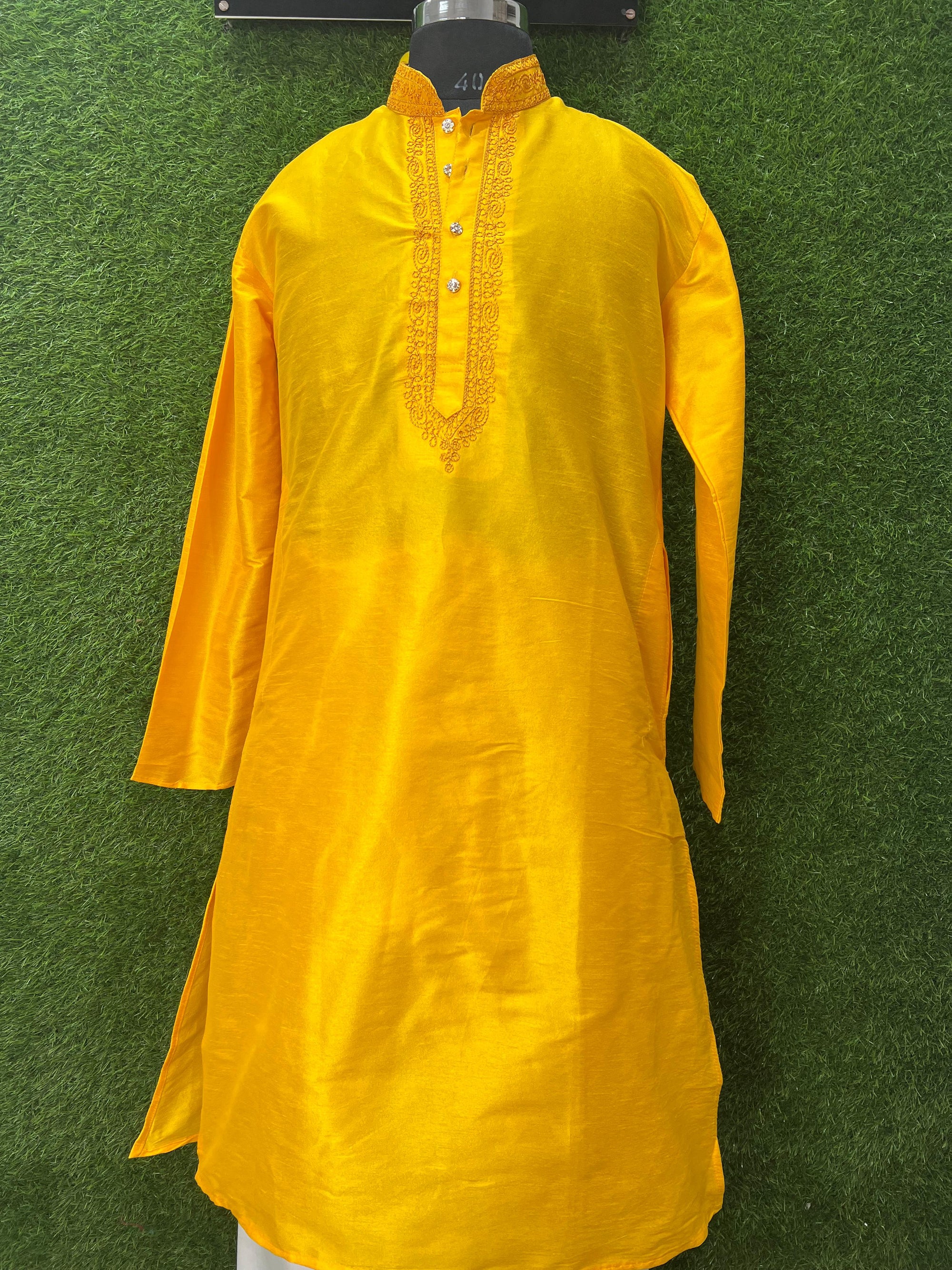 Men’s Silk Kurta with Embroidered Neck & White Pants