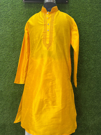 Men’s Silk Kurta with Embroidered Neck & White Pants
