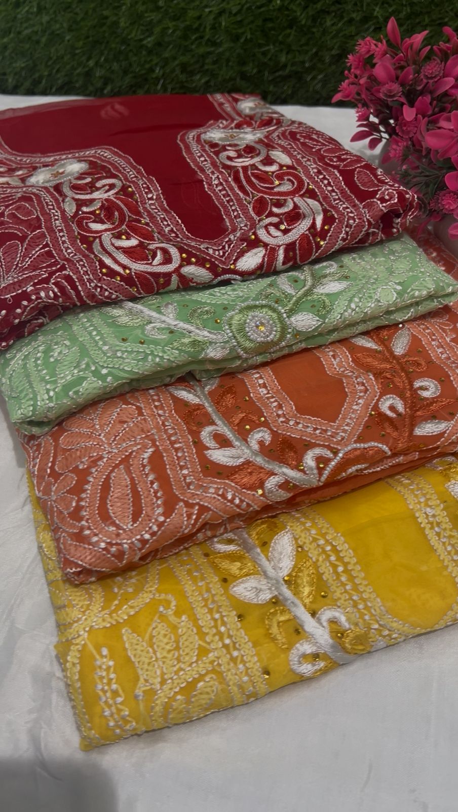 Elegant Parsi Gara Kurti – Unstitched Full Handwork Lucknowi Chikankari