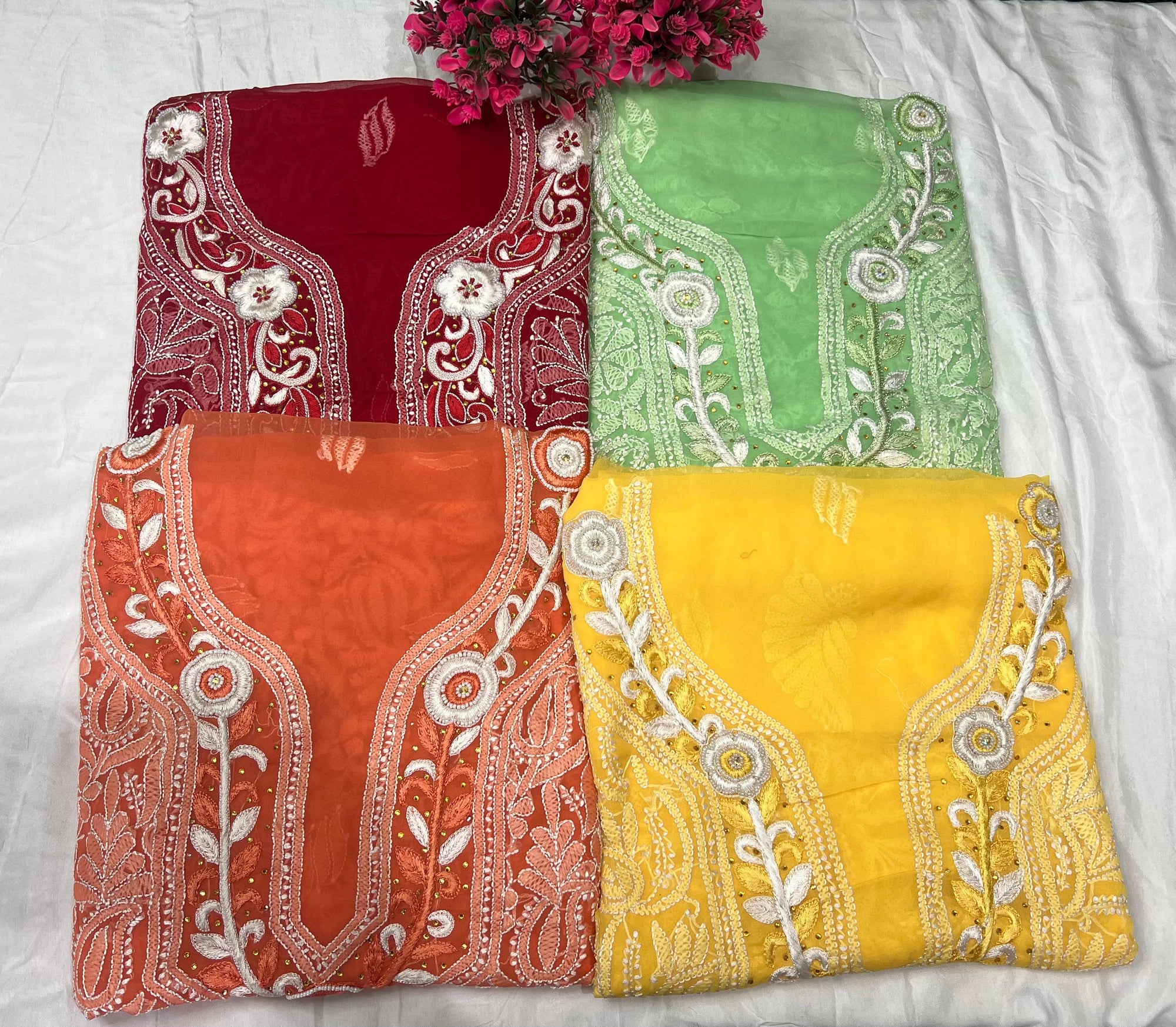 Elegant Parsi Gara Kurti – Unstitched Full Handwork Lucknowi Chikankari