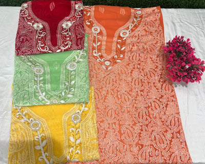 Elegant Parsi Gara Kurti – Unstitched Full Handwork Lucknowi Chikankari