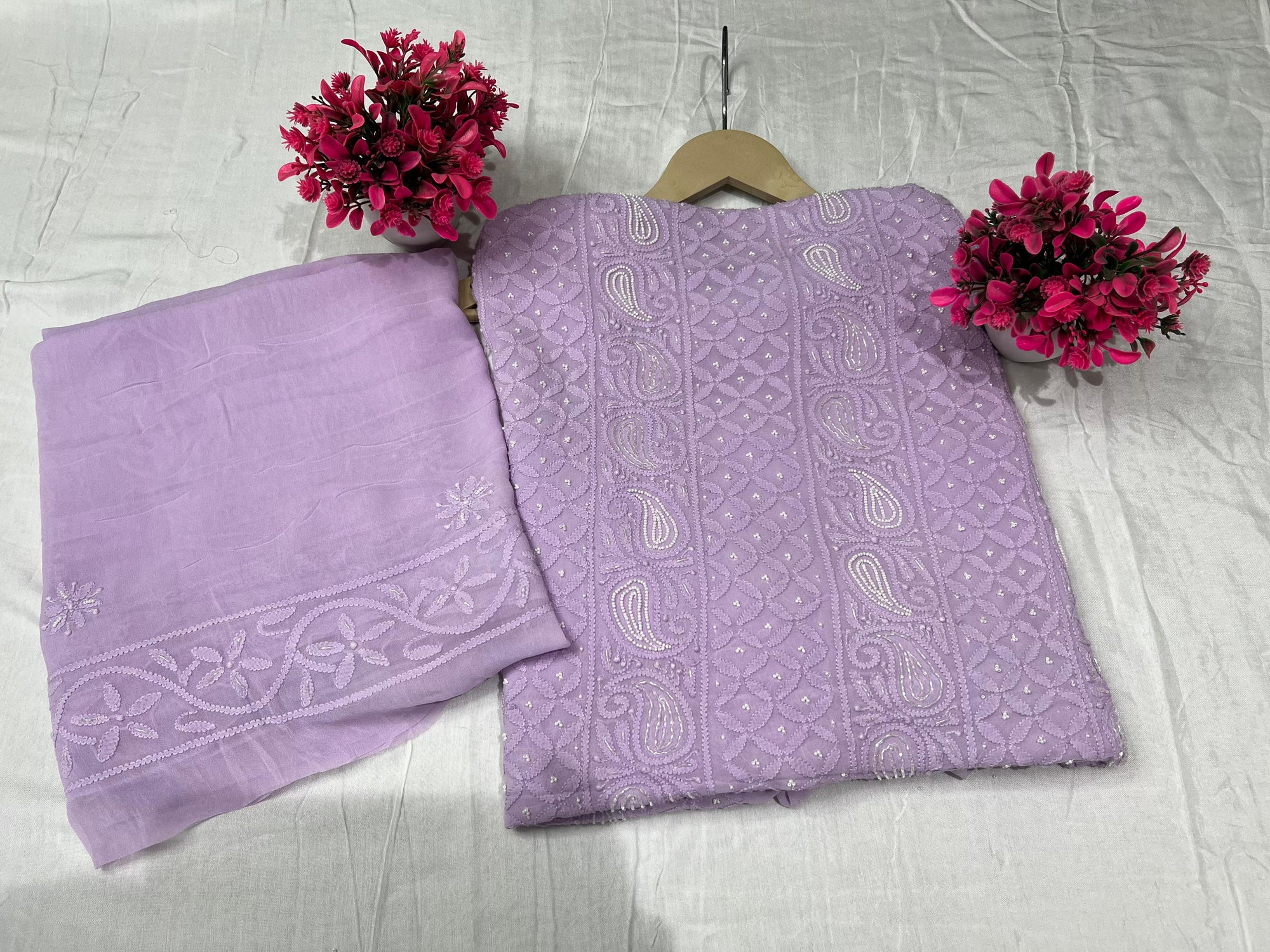 Lucknowi Chikankari Handwork Dupatta with Pulp & Cutdana Embellishment