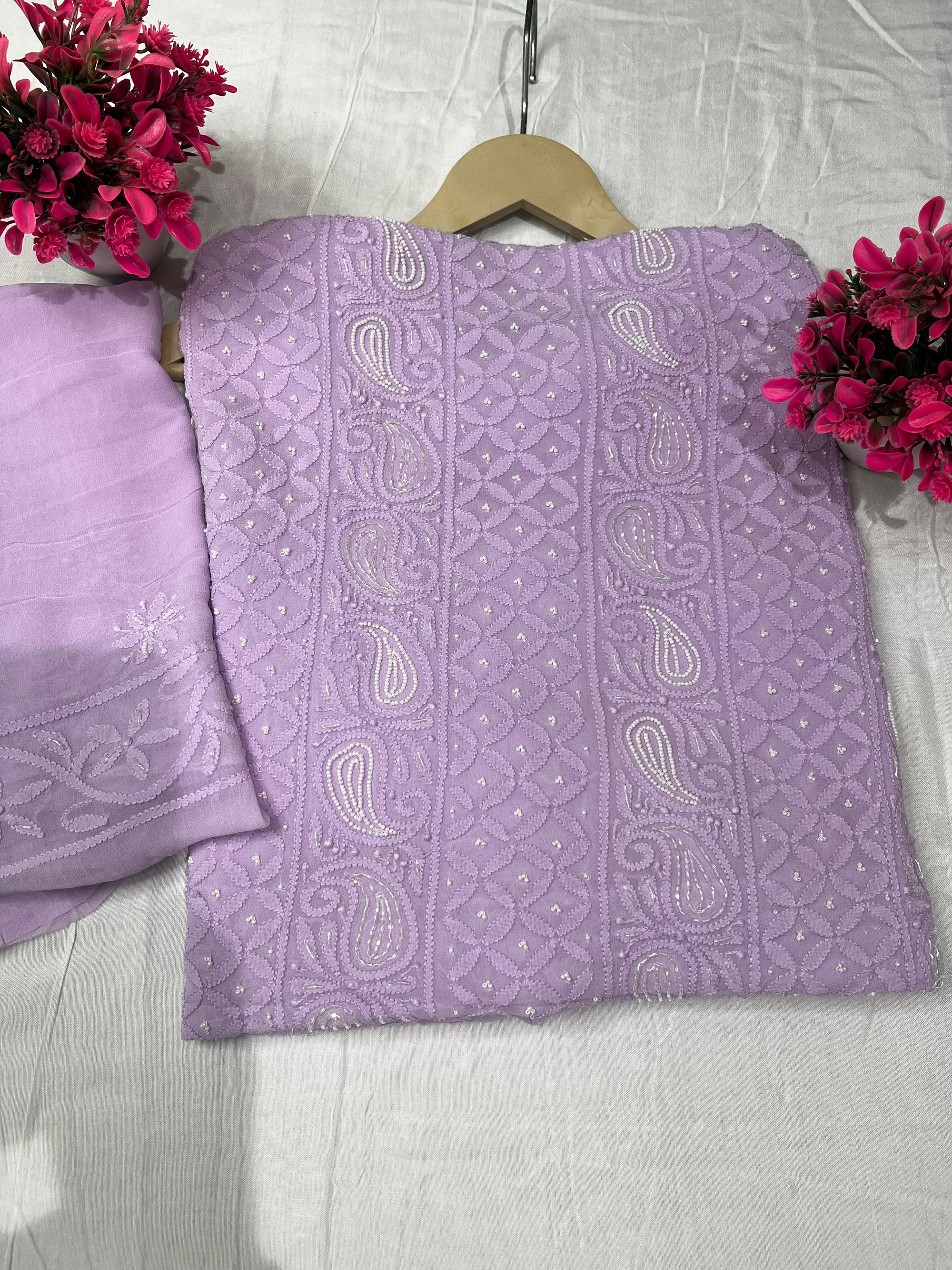 Lucknowi Chikankari Handwork Dupatta with Pulp & Cutdana Embellishment