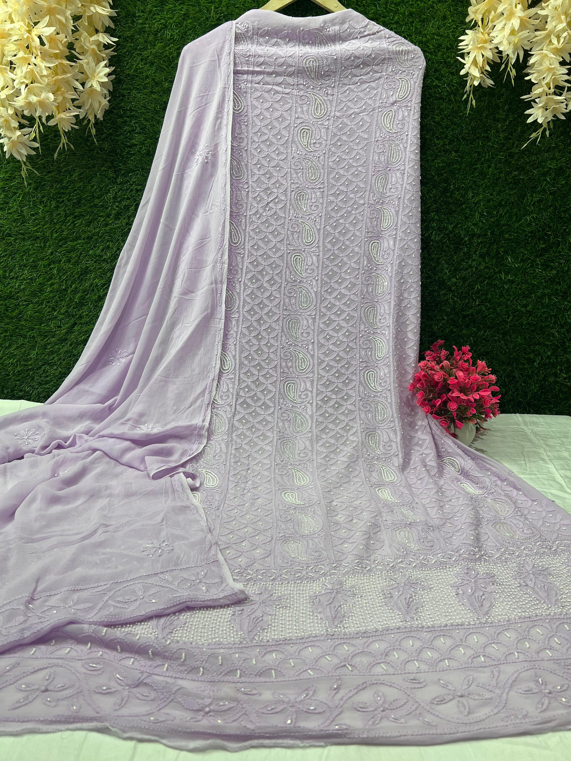Lucknowi Chikankari Handwork Dupatta with Pulp & Cutdana Embellishment