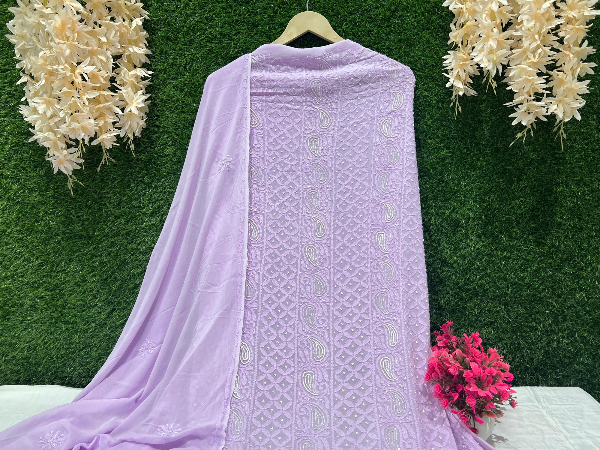 Lucknowi Chikankari Handwork Dupatta with Pulp & Cutdana Embellishment