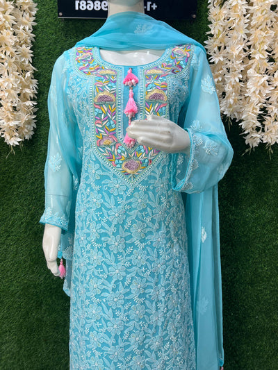 Lucknowi Chikankari Kurta Set with Dupatta – Parsi Gara Embroidered Neckline