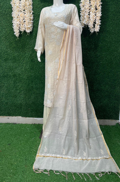 Mul Chanderi Lucknowi Chikankari Suit Set with Handwork & White Pulp Detailing