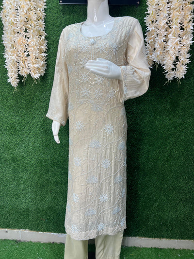 Mul Chanderi Lucknowi Chikankari Suit Set with Handwork & White Pulp Detailing