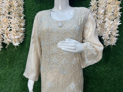 Mul Chanderi Lucknowi Chikankari Suit Set with Handwork & White Pulp Detailing