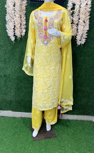 Lucknowi Chikankari Kurta Set with Dupatta – Parsi Gara Embroidered Neckline